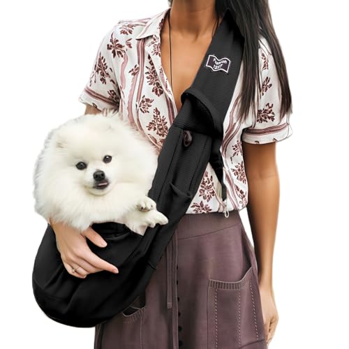 Dog Slings for Small Dogs,Soft and Breathable Waffle Fabric,Puppy Essentials,Reversible Dog Sling with Organizer Pocket,Suitable for Small Dogs and Cats,Black - color: black