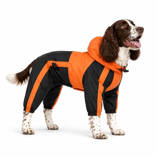 Lovelonglong Dog Hooded Raincoat, Large Dog Rain Jacket Poncho Waterproof Clothes with Hood Breathable 4 Feet Four Legs Rain Coats for Small Medium Large Pet Dogs Orange L-S - color: Orange, size: L-S (Medium Dog ~30lbs)