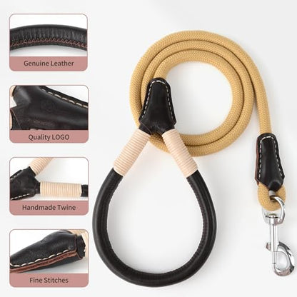 Mile High Life Dog Leash, Rope Leash with Genuine Leather Handle and Heavy Duty Metal Clasp, Great for Small Medium Large Dogs (Yellow, 4FT) - color: Leather Handle-Yellow, size: 48 Inch-1/2"