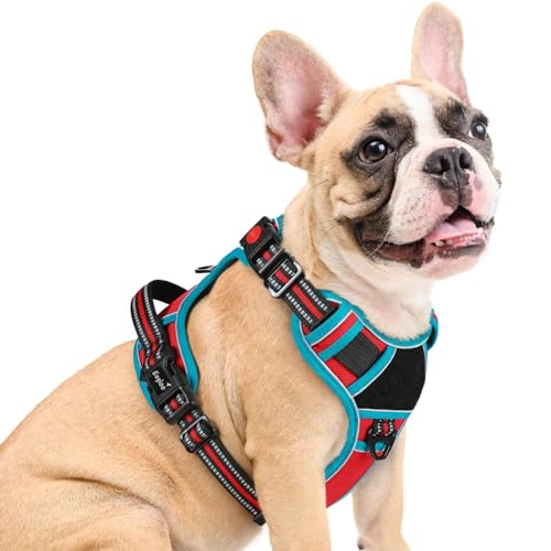 Eagloo Dog Harness Medium Sized, Easy Wearing with 3 Buckles, Adjustable No Pull Pet Harness with 2 Rings for Walking, No Chock Reflective Soft Padded Vest with Control Handle, Red & Teal, M - color: Red & Teal, size: Medium