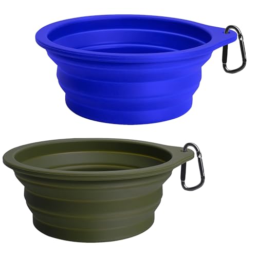 PetBonus 2-Pack Silicone Collapsible Dog Bowls, BPA Free Dishwasher Safe, Portable Foldable Expandable Travel Bowl, Food Water Feeding Cup Dish for Dogs Cats with 2 Carabiners (Army Green, Blue) - color: Army Green, Blue, size: 20 Oz