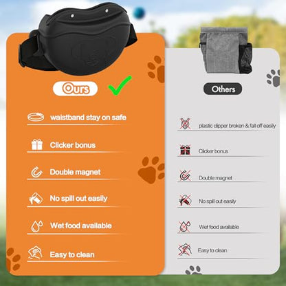 Dog Treat Pouch - Premium Silicone - Upgrade 4 Strong Magnets Enhanced Magnetic Closure, Adjustable Waist Belt - Ideal for Puppy Training and Outdoor Walks - Black - color: Black