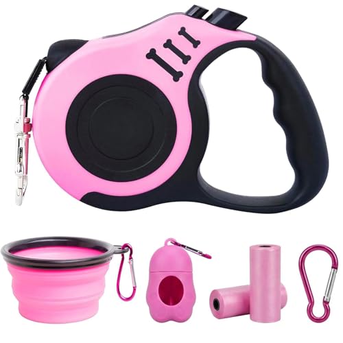 PETIMP Retractable Dog Leash Lightweight 16FT Leash, with Folding Bowl,Dispenser,Waste Bags, for Small Medium Dogs(Pink) - color: PINK