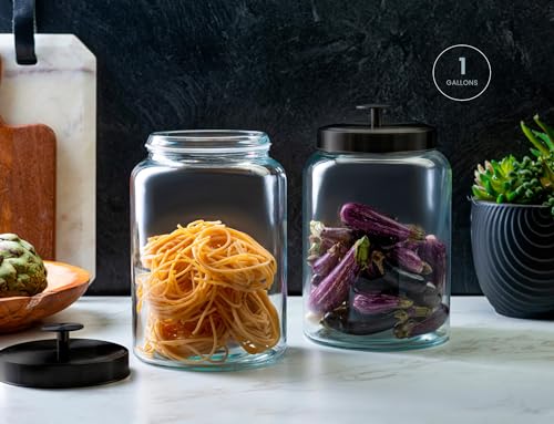 KooK Glass Storage Containers with Lids, Glass Jar with Lid, 1 Gallon, Set of 2, Glass Canister, Storage, Laundry, Kitchen Jar, (Circular, Black) - color: Large, Black Lid