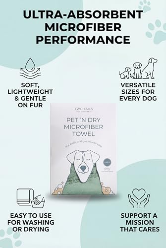 Two Tails Pet Company Pet N’ Dry Microfiber Bath Towel, Absorbent Dog Towels for Drying or Washing Large Dogs and Puppies, Soft and Lightweight, Fast Drying, Grooming Dog Supplies, Size Large - size: Large