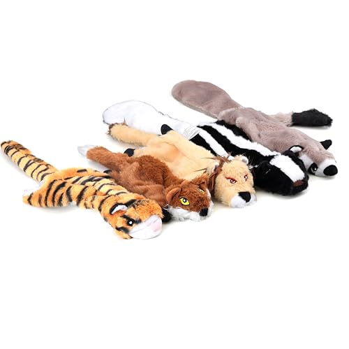 5 Pack Plush No Stuffing Double Squeaker Dog Toys, Tiger, Raccoon, Skunk, Fox, and Lion for Small, Medium and Large Dogs