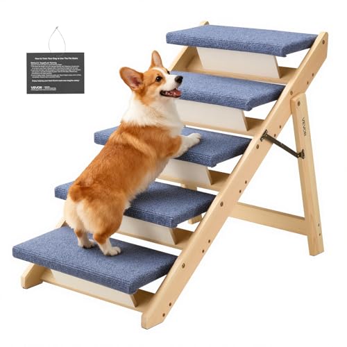 VEVOR Wood Pet Stairs, 5-Step Dog Stairs for Beds, Sofa & Cars, 150lbs Load Capacity, Floded Flat Design, Stable & Sturdy Cat & Dog Step Ladder for Small Medium Large Older Pet Puppy Essentials - color: Wood Color+Blue, size: 5-Step Foldable