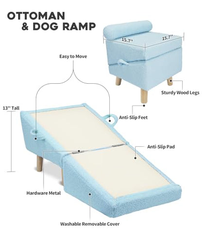 Dog Ramp for Small Dogs and Cats – 2-in-1 Dog Ramp for Couch and Low Bed, 16.5'' Foldable Wooden Pet Ramp, Sturdy Multi-Use Split Ottoman Design, Light Blue - color: Light Blue