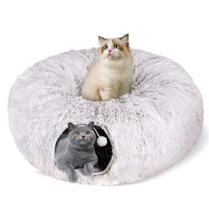 Cat Tunnel Bed for Indoor Cats, Peekaboo Cat Cave with Washable Soft Play Mat, Furry Cat Tube, for Kitten/Puppy/Rabbit, Brown - color: brown