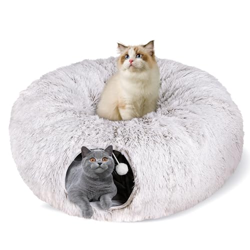 Cat Tunnel Bed for Indoor Cats, Peekaboo Cat Cave with Washable Soft Play Mat, Furry Cat Tube, for Kitten/Puppy/Rabbit, Brown - color: brown