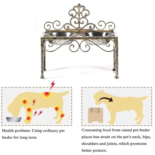 Elevated Dog Bowls for Large Dogs, Metal Raised Dog Feeder, Lifted Dogs Dish Stand with Double Stainless Steel Bowls for Food and Water, Antique Gold Finish Tall Dog Bowl Stand - Height 8.78" - size: 8.78" Height Antique Gold