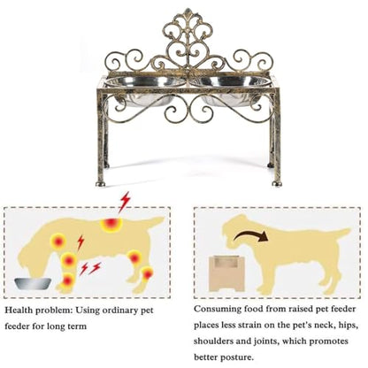 Elevated Dog Bowls for Large Dogs, Metal Raised Dog Feeder, Lifted Dogs Dish Stand with Double Stainless Steel Bowls for Food and Water, Antique Gold Finish Tall Dog Bowl Stand - Height 8.78" - size: 8.78" Height Antique Gold