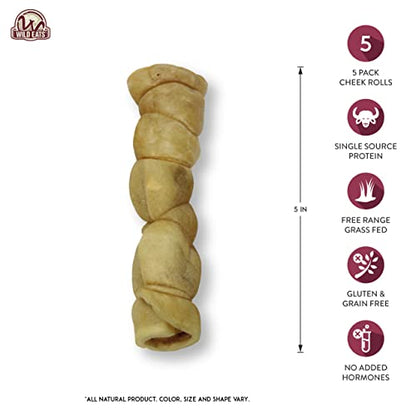 Wild Eats Water Buffalo Retriever Style Cheek Roll Dog Chews - 5 Pack (Long Lasting Chews, Treats, Bones for Aggressive Chewers & Large Dogs) Great Substitute Pig Ears Dogs