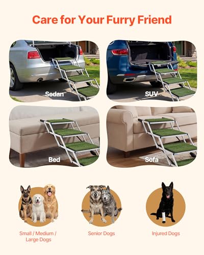 VEVOR Dog Stairs for Car, 4 Steps Extra Wide Foldable Dog Ramp for Large Dogs with Non-Slip Surface, Portable Lightweight Pet Stairs Ladder for Car, SUV, Truck, High Bed, Sofa, Support up to 200 lbs - size: 4 Steps(Grass-like)