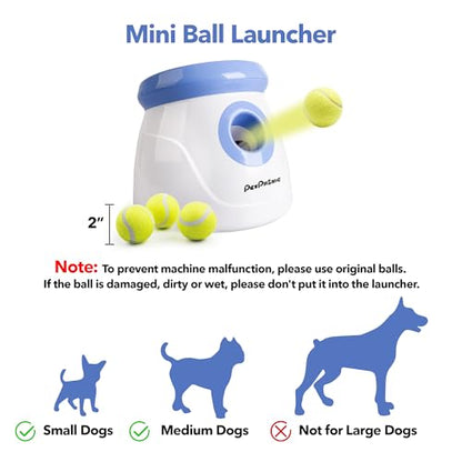 PetPrime Dog Automatic Ball Launcher Dog Interactive Fetch Toy Pet 2'' Thrower Throwing Game 3 Tennis Balls Tennis Mini Size Ball Launcher for Dogs Included Launch Distance 10-30ft