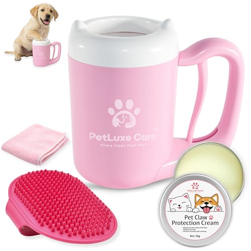 Dog Paw Cleaner, Paw Washer Cup with Soft Silicone Bristles, Portable Dog Foot Washer, 4-in-1 Paw Cleaner Kit with Paw Balm, Microfiber Towel & Grooming Brush (Pink Small) - color: Pink, size: Small