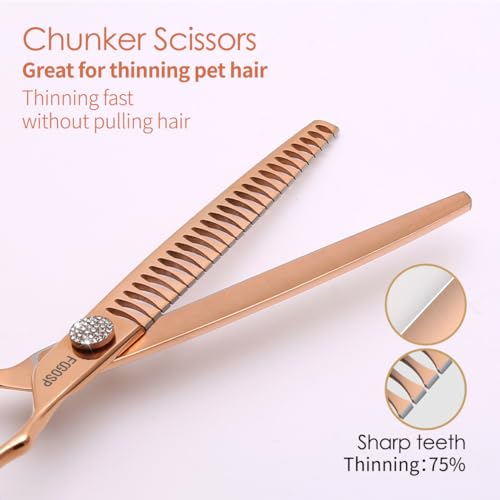 Rose Gold Titanium Dog Grooming Scissors Set 4PCS Curved Thinning Straight Chunkers Shears Kit with White Artificial Diamonds Ergonomic Offset Handle Japan 440C Sharp and Durable - size: 8 inch, style: Dog Scissors Kit