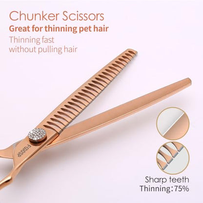 Rose Gold Titanium Dog Grooming Scissors Set 4PCS Curved Thinning Straight Chunkers Shears Kit with White Artificial Diamonds Ergonomic Offset Handle Japan 440C Sharp and Durable - size: 8 inch, style: Dog Scissors Kit