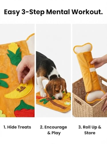 Interactive Dog Snuffle Mat with Squeaker & Crinkle Paper - Fruit Theme Slow Feeder Puzzle Pet Toy for Small Medium Dogs - Nosework Training, Stress Relief & Foraging Instinct (15" x 5")