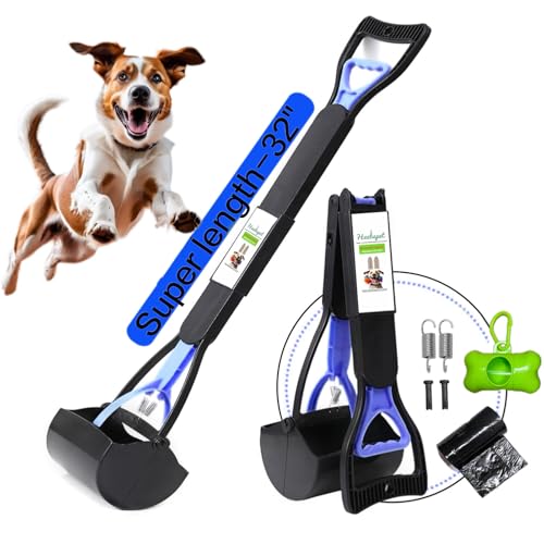 32" Pooper Scooper for Large Small Dogs and Cats, Portable Long Handle Foldable Poop Scoop,Pooper scooper for large dogs with Poop Bags for Grass and Gravel Pet Waste Pick Up - color: Blue