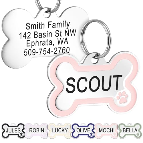 GoTags Stainless Steel Pet ID Bone Round and Heart Shaped Tags with Enamel Paw Design, Personalized Dog and Cat Tags, up to 5 Lines of Custom Text, Engraved on Both Sides (Rose, Regular Bone) - color: Rose, size: Regular Bone (Pack of 1)