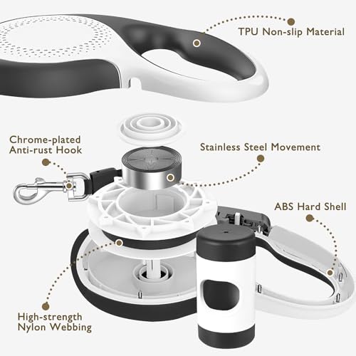Retractable Dog Leash with Chew Proof Cable,26 ft Durable Dog Leash for Large Medium Dogs up to 110 lbs, 360° untangled, One-Handed Brake. (White) - color: White, size: 26ft