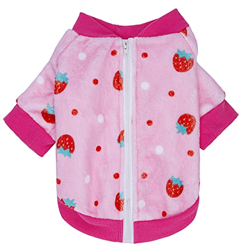 Thick Small Dog Clothes, Flannel Puppy Hoodie, Pink Strawberry Print Pet Sweatshirt, Cat Apparel (S, Pink) - color: Pink Strawberry, size: Small