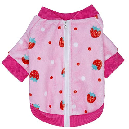 Thick Small Dog Clothes, Flannel Puppy Hoodie, Pink Strawberry Print Pet Sweatshirt, Cat Apparel (S, Pink) - color: Pink Strawberry, size: Small