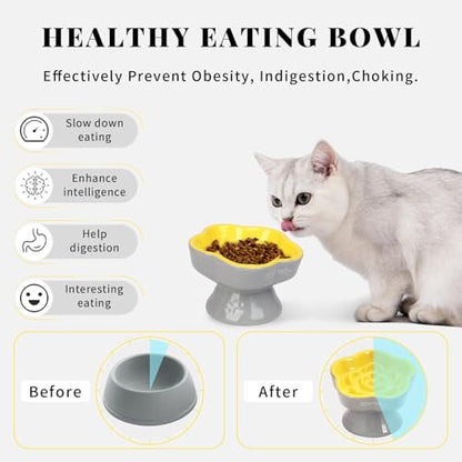 S&Q's CERAMICS Raised Slow Feeder Cat Bowl, Ceramic Elevated Food Bowl Small Dogs Slow Feeder, Flower Shaped Cute Pet Dish for Dry and Wet Food (Yellow, 5.8") - color: Yellow