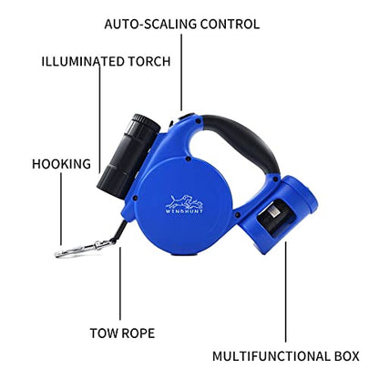 360° Tangle-Free Retractable Dog Leash with Flashlight, Dispenser and Poop Bag Heavy-Duty Nylon Tape for Small, Medium Dogs and Cats One-Handed Brake and Lock, Blue - color: blue