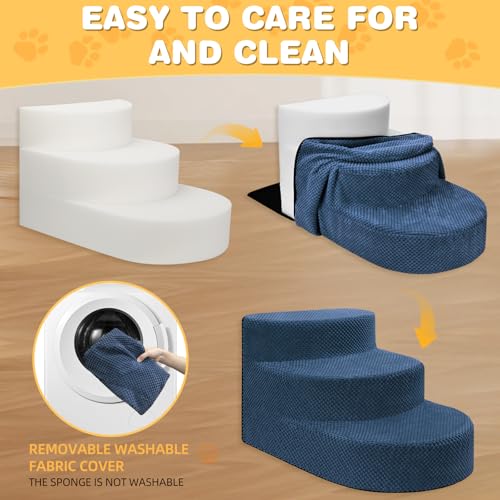 Dog Stairs 3 Steps Foam Pet Ramp for Small Dogs Cats, Navy Blue | Non-slip foam stairs with washable cover, ideal for beds & sofas. Sturdy, safe & easy to clean. - color: Navy blue-3-Step