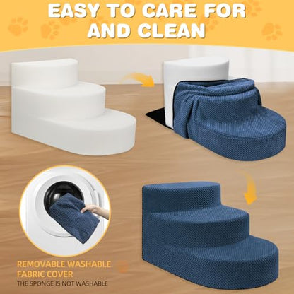 Dog Stairs 3 Steps Foam Pet Ramp for Small Dogs Cats, Navy Blue | Non-slip foam stairs with washable cover, ideal for beds & sofas. Sturdy, safe & easy to clean. - color: Navy blue-3-Step