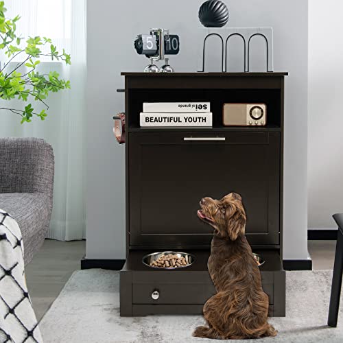 Dog Feeding Station with Double Bowls, Large Pull Out Dog Feeder & Food Storage (Brown) - color: Brown