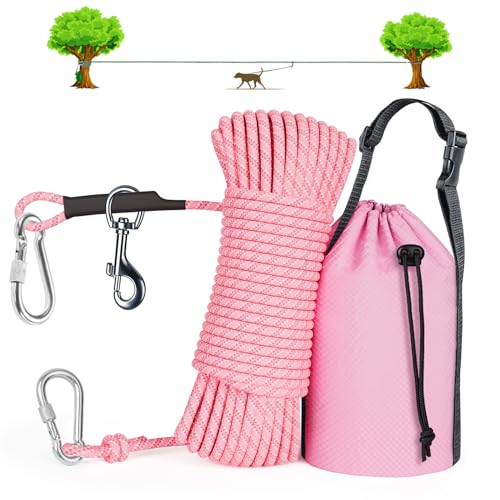 Tresbro Dog Camping Leash, 50ft/75ft/100ft Dog Trolley System Bearing Capacity up to 300lbs, Portable Lightweight Runner Lead for Yard, Reflective Tie Out Cable for Camping, Courtyard, Park, Outside - color: Pink, size: 75FT