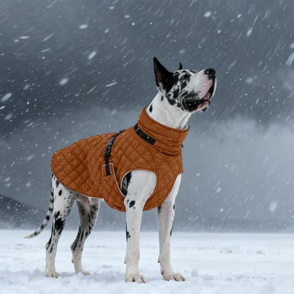 Kuoser Dog Coat Warm Fleece Lining Turtleneck Dog Jacket with Harness Built-in, Adjustable Windproof Cold Weather Coats with Quick Release Buckle Pet Winter Snowsuit for Extra Large Dogs, Khaki 2XL - color: Khaki, size: Xx-large (Chest Girth: 35.4")