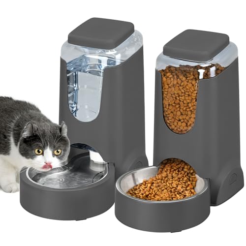 2 Pack Automatic Cat Feeder and Gravity Stainless Steel Water Dispenser, Dog Food Feeder and Waterer Set for Small Medium Puppy Kitten Pets (1 Gallon x 2, Gray) - color: 1 Gallon x 2 - Gray