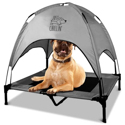 Just Chillin Large Elevated Dog Bed. Cool Cot with Removable Canopy Shade. Indoor or Outdoor Pet Use. Lightweight and Portable. Chill in Style on Raised Breathable Mesh Fabric.