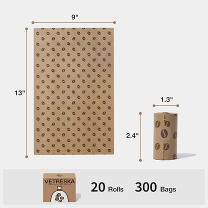 VETRESKA Dog Poop Bags, Coffee Scented Waste Bags, Leak Proof, Extra Thick and Large Dog Pet Bags for Dogs and Cats - 300 Count (20 Refill Rolls) - size: 1 Count (Pack of 300), style: coffee