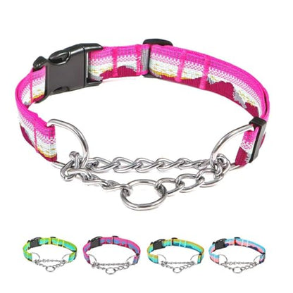 Martingale Dog Collars with Stainless Steel Chain, Reflective No Pull Walking Training Collar with Quick Release Buckle, Adjustable Slip Chain Nylon Dog Collars for Small Medium Large Dogs - color: Pink and white, size: Large