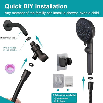 GwernKB Handheld Shower Head with On Off Switch,8-mode High Pressure Shower Wand with Long Hose and Bracket Extra Adhesive Holder for Lower Mount,Built-in Power Wash to Clean Tub,Tile & Pets,Black… - color: Matte Black