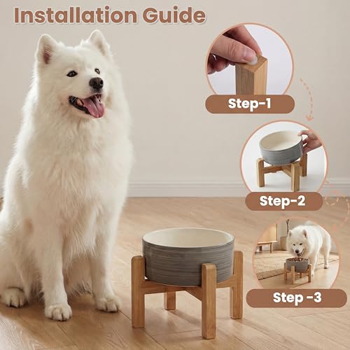 hjn Elevated Ceramic Dog Bowl with Bamboo Stand, Raised Pet Feeding Station for Small Medium Dogs Cats, Modern Design with Anti-Slip Base (White Gray, 7.6Cup) - color: White Gray, size: 7.6Cup