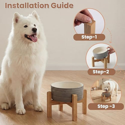 hjn Elevated Ceramic Dog Bowl with Bamboo Stand, Raised Pet Feeding Station for Small Medium Dogs Cats, Modern Design with Anti-Slip Base (White Gray, 7.6Cup) - color: White Gray, size: 7.6Cup