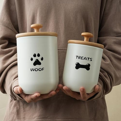 Dog Treat Container Set of 2, Dog treat jar with Airtight Lid, Small dog food container, Dog Cookie Jar for kitchen Counter, Treats Canister, Pet Treat Container 8.3x4.9 & 7.1x4.3 (White) - color: White