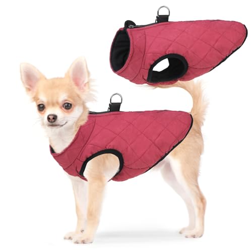 SCENEREAL Winter Dog Vest Coat with Harness Built In, Warm Puppy Jacket for Small Medium Dogs, Cold Weather Coat with Zipper, Fleece Puffer Vest Windproof Snow Clothes - color: #1 Red - Matte, size: XS(Chest 11.5")-Regular