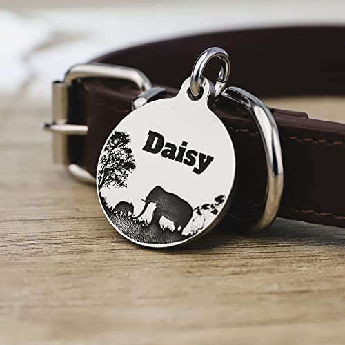 Deep Engraved Dog ID Tag Stainless Steel Personalized Customized Unique Pet ID Card Wolf Round (Elephant S) - size: Elephant S