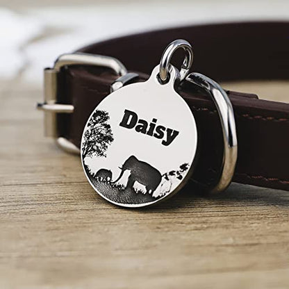 Deep Engraved Dog ID Tag Stainless Steel Personalized Customized Unique Pet ID Card Wolf Round (Elephant M) - size: Elephant M