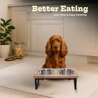 Elevated Dog Bowls, Medium 5.2 Height Mango Wood Raised Dog Bowl Iron Stand Frame with 64oz 2 Pcs Stainless Steel Pets Dishes, Food & Water 8Cup, 1.9L Capacity Nonslip Cat Feeding Station - size: 5.2 Inches / 64oz 2 Bowl