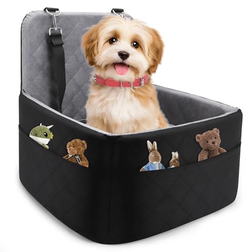 Dog Car Seat for Small/Medium Dogs,Pet Dog Booster Car Seat Puppy 15-35 lbs with Soft 4+2in Detachable Pads Detachable Elevated Cushion and Washable Cover Safety Belt Storage Pockets Easy to Install - color: grey+black