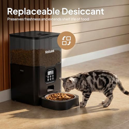 VOLUAS Cat Dry Food Dispenser with Timer, Automatic Cat Feeders with Desiccant Bag, Programmable Portion Size Control 4 Meals Per Day, 10s Voice Recorder | Programmable Portion Control, Up to 4 Meals Daily, Dual Power Supply, Power-Off Memory, 10-Second V