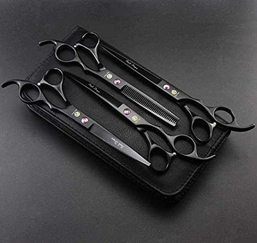 Purple Dragon Professional 7.0 inch 4PCS Pet Grooming Scissors Kit Japan Premium Steel Straight, Curved & Thinning Blade Dog Hair Cutting Shears Set with Case - color: Matte Black